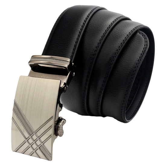QHA Mens 35mm Ratchet Leather Belt, Dual Bar Silver Automatic - QHA UK