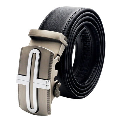 QHA Mens 35mm Ratchet Leather Belt, Ribbed Inlay Automatic Buckle - QHA UK