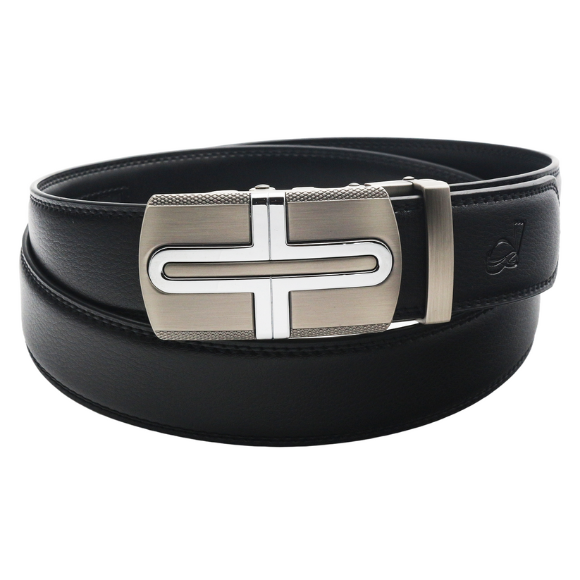 QHA Mens 35mm Ratchet Leather Belt, Ribbed Inlay Automatic Buckle - QHA UK