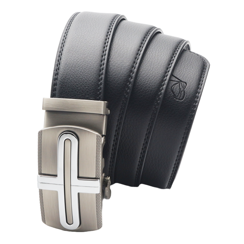 QHA Mens 35mm Ratchet Leather Belt, Ribbed Inlay Automatic Buckle - QHA UK