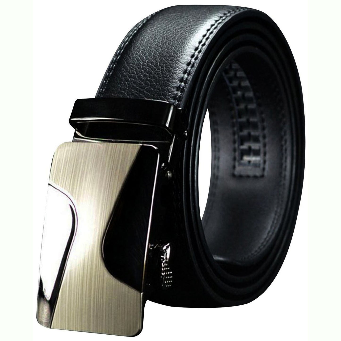 QHA Mens 35mm Ratchet Leather Belt, Curved Wave Automatic Buckle - QHA UK