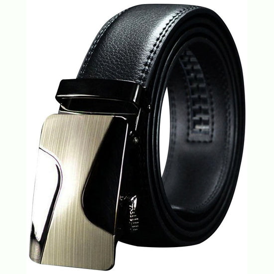 QHA Mens 35mm Ratchet Leather Belt, Curved Wave Automatic Buckle - QHA UK