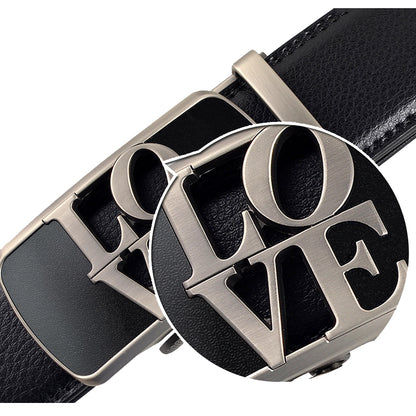 Womens Ratchet Belt LOVE Buckle Leather Adjustable No Holes Gift - QHA UK