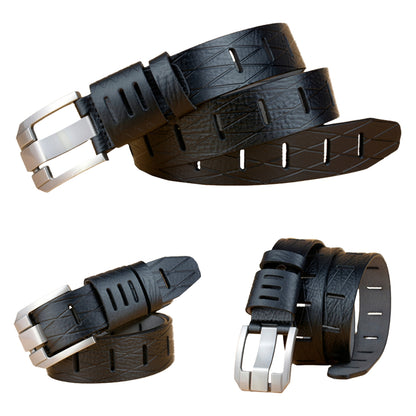 QHA Mens 38mm Real Cowhide Leather Belt, Modern Skeletal Pin - QHA UK