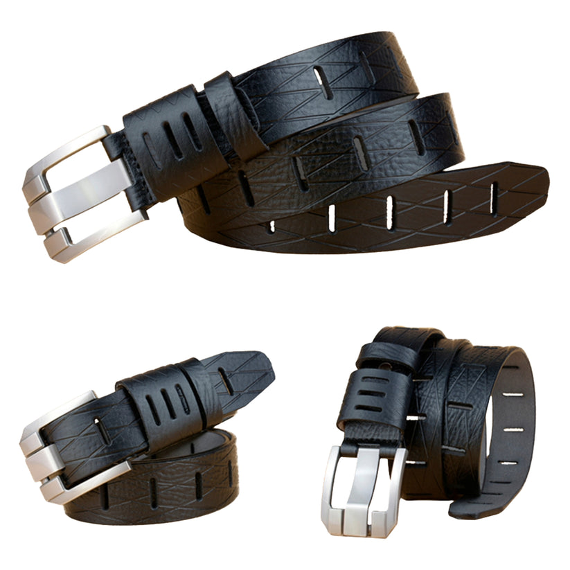 QHA Mens 38mm Real Cowhide Leather Belt, Modern Skeletal Pin - QHA UK