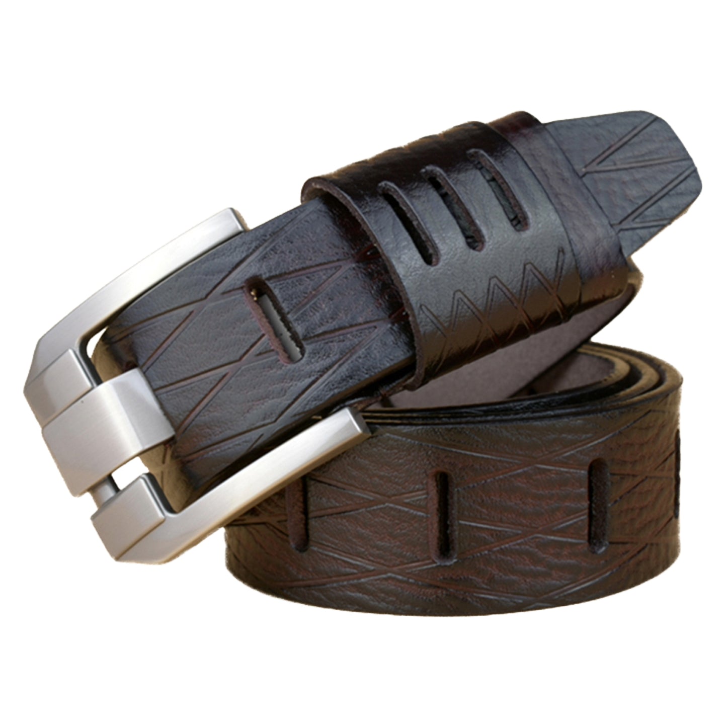 QHA Mens 38mm Real Cowhide Leather Belt, Modern Skeletal Pin - QHA UK