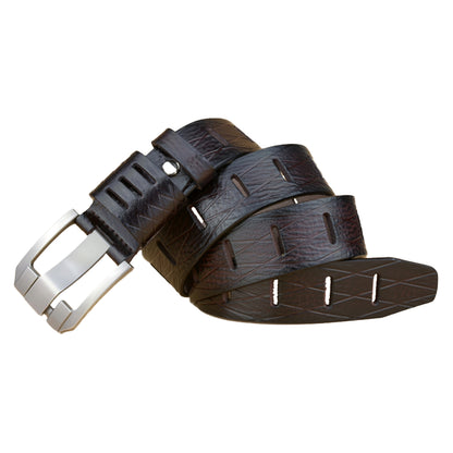QHA Mens 38mm Real Cowhide Leather Belt, Modern Skeletal Pin - QHA UK