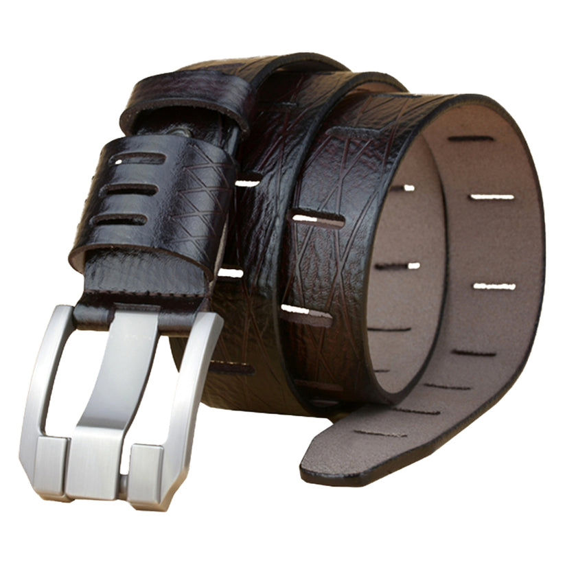 QHA Mens 38mm Real Cowhide Leather Belt, Modern Skeletal Pin - QHA UK