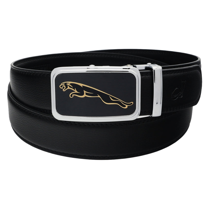 QHA Mens 35mm Ratchet Leather Belt, Leaping Leopard Automatic - QHA UK