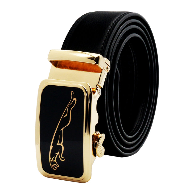QHA Mens 35mm Ratchet Leather Belt, Leaping Leopard Automatic - QHA UK
