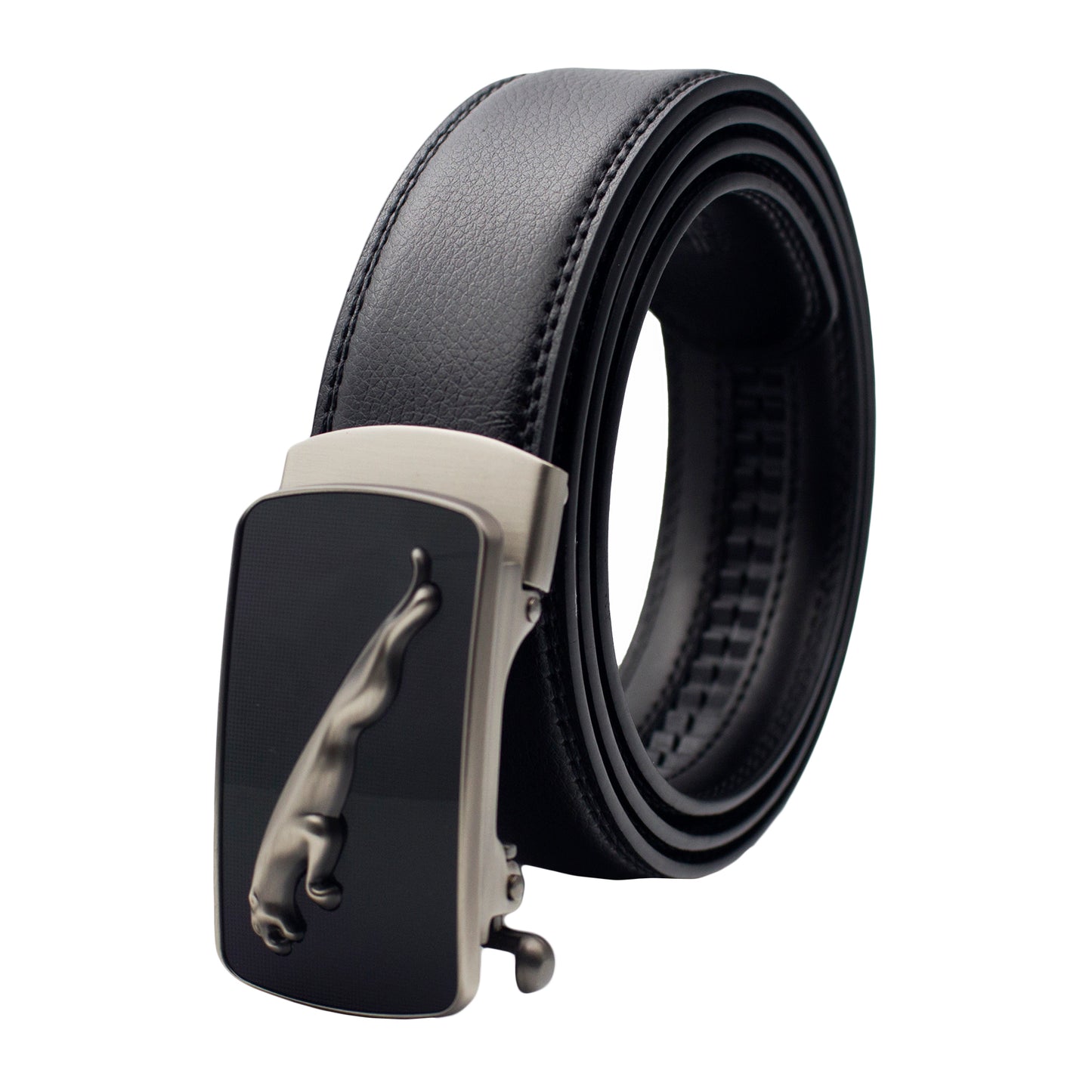QHA Mens 35mm Ratchet Leather Belt, Matte Silver Jaguar Automatic - QHA UK