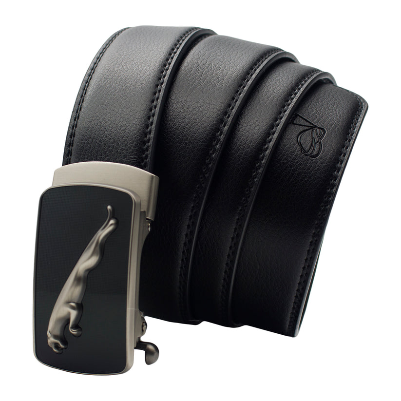 QHA Mens 35mm Ratchet Leather Belt, Matte Silver Jaguar Automatic - QHA UK