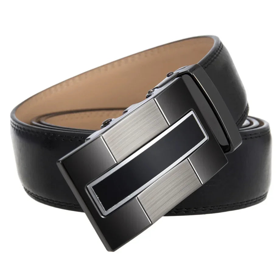 QHA Mens 35mm Ratchet Leather Belt, Gunmetal Vertical Inlay - QHA UK