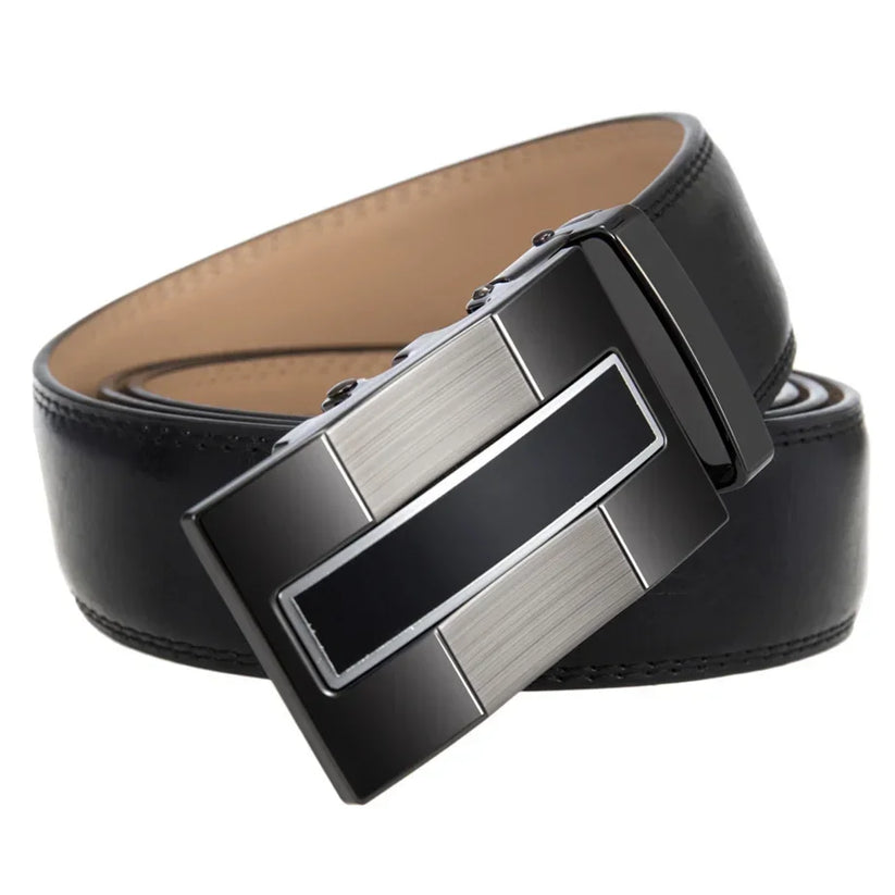 QHA Mens 35mm Ratchet Leather Belt, Gunmetal Vertical Inlay - QHA UK