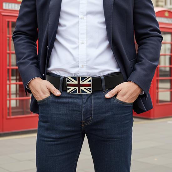QHA Mens 38mm Top Grain Leather Belt, Retro Union Jack Plate - QHA UK