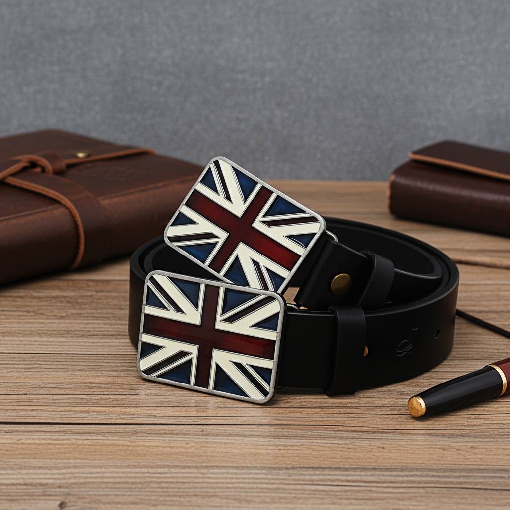 QHA Mens 38mm Top Grain Leather Belt, Retro Union Jack Plate - QHA UK