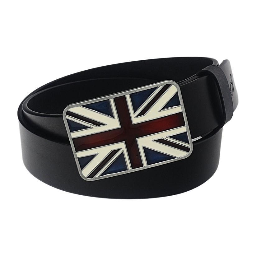 QHA Mens 38mm Top Grain Leather Belt, Retro Union Jack Plate - QHA UK