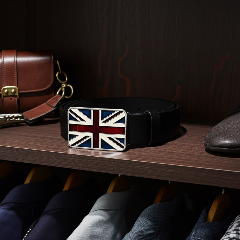 QHA Mens 38mm Top Grain Leather Belt, Retro Union Jack Plate - QHA UK