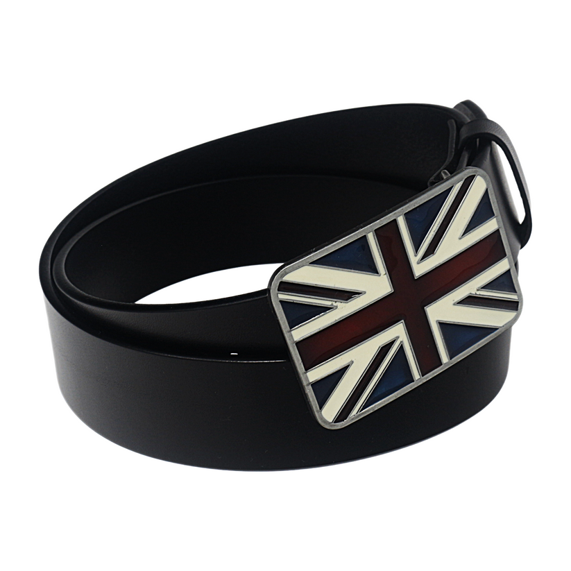QHA Mens 38mm Top Grain Leather Belt, Retro Union Jack Plate - QHA UK