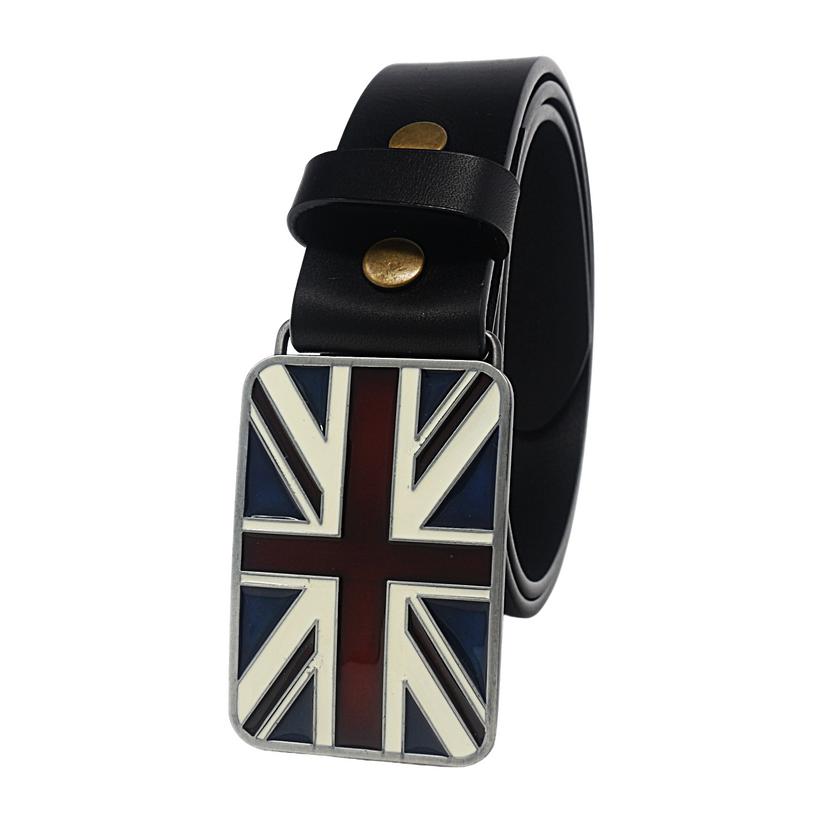 QHA Mens 38mm Top Grain Leather Belt, Retro Union Jack Plate - QHA UK