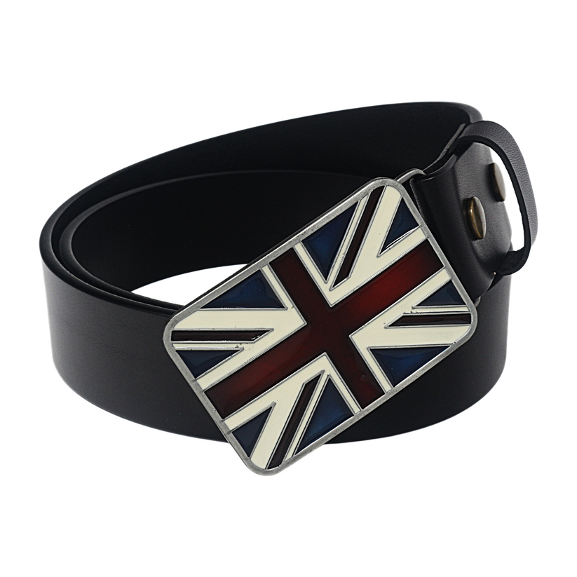 QHA Mens 38mm Top Grain Leather Belt, Retro Union Jack Plate - QHA UK