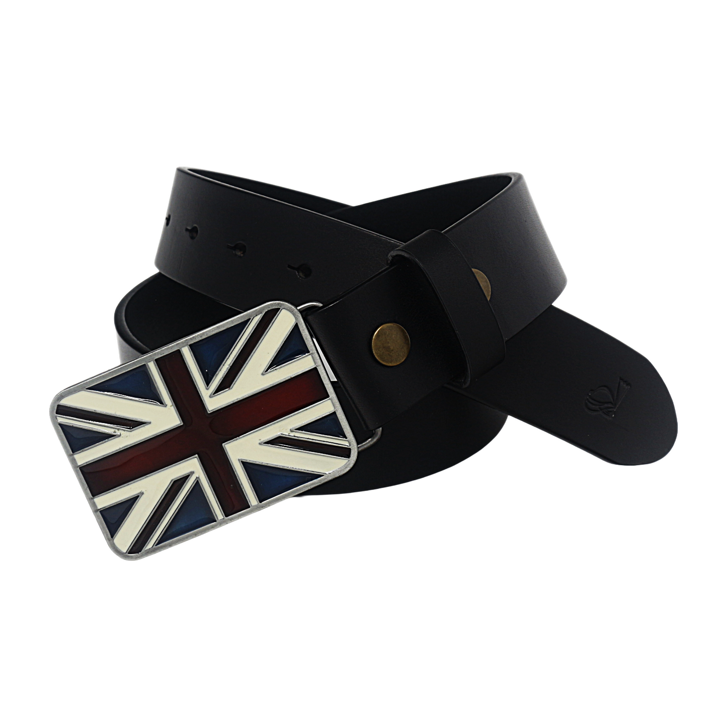 QHA Mens 38mm Top Grain Leather Belt, Retro Union Jack Plate - QHA UK