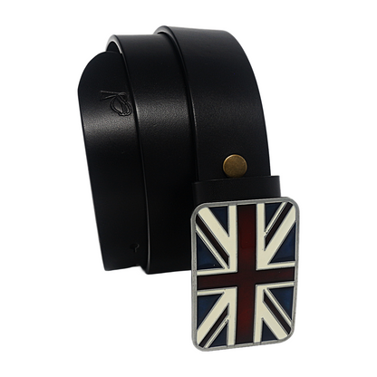 QHA Mens 38mm Top Grain Leather Belt, Retro Union Jack Plate - QHA UK