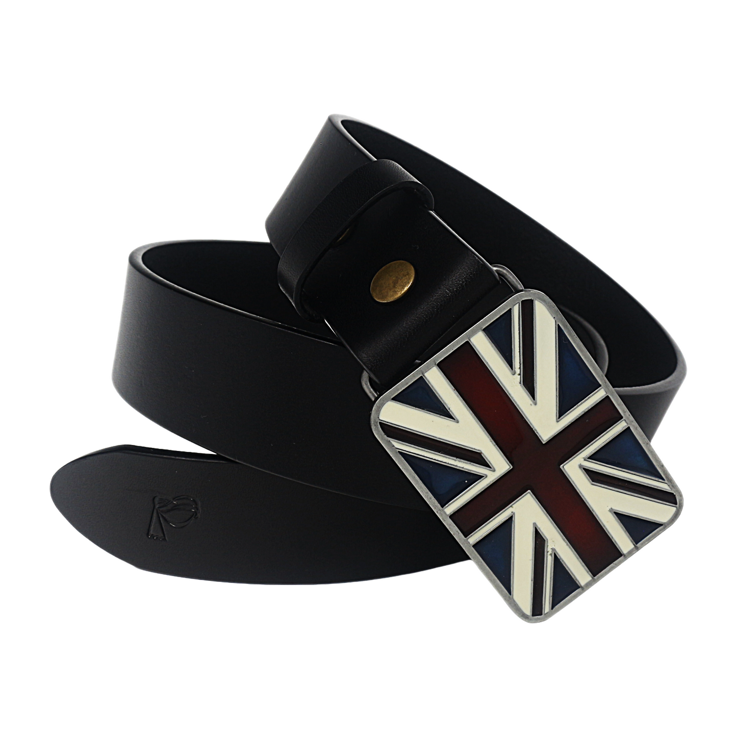 QHA Mens 38mm Top Grain Leather Belt, Retro Union Jack Plate - QHA UK