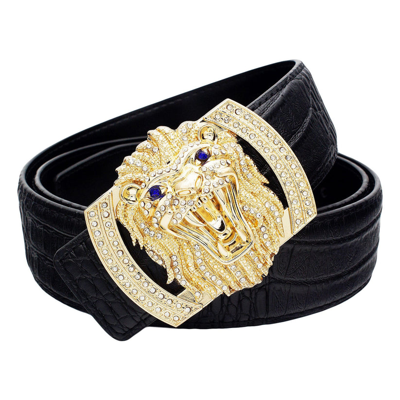 QHA Mens Designer Leather Belt Lion Diamond Buckle 38mm Wide - QHA UK