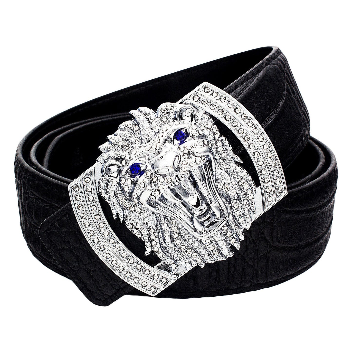 QHA Mens Designer Leather Belt Lion Diamond Buckle 38mm Wide - QHA UK