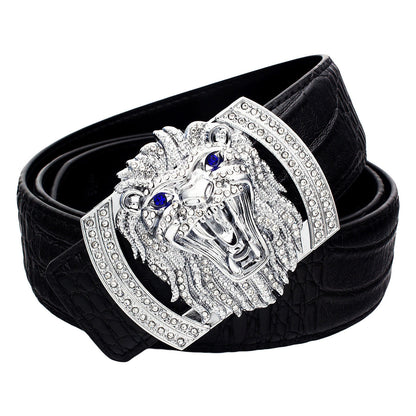 QHA Mens Designer Leather Belt Lion Diamond Buckle 38mm Wide - QHA UK