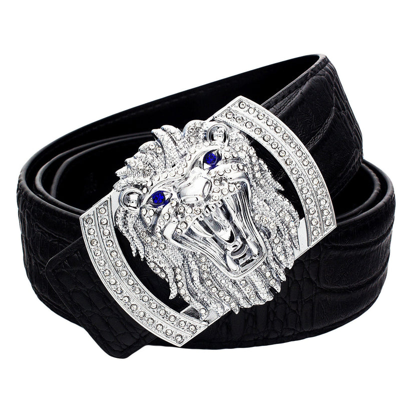 QHA Mens Designer Leather Belt Lion Diamond Buckle 38mm Wide - QHA UK