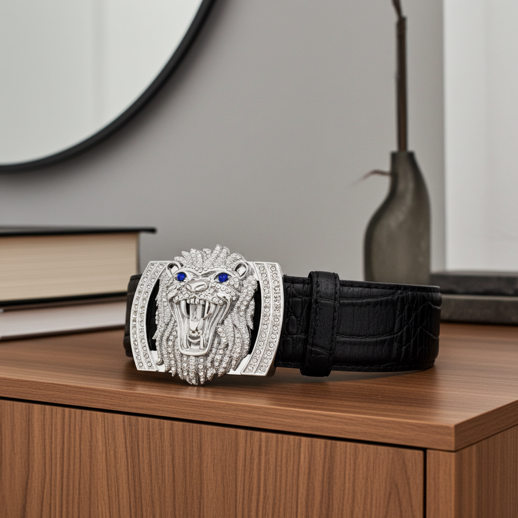 QHA Mens Designer Leather Belt Lion Diamond Buckle 38mm Wide - QHA UK