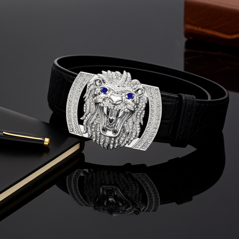 QHA Mens Designer Leather Belt Lion Diamond Buckle 38mm Wide - QHA UK