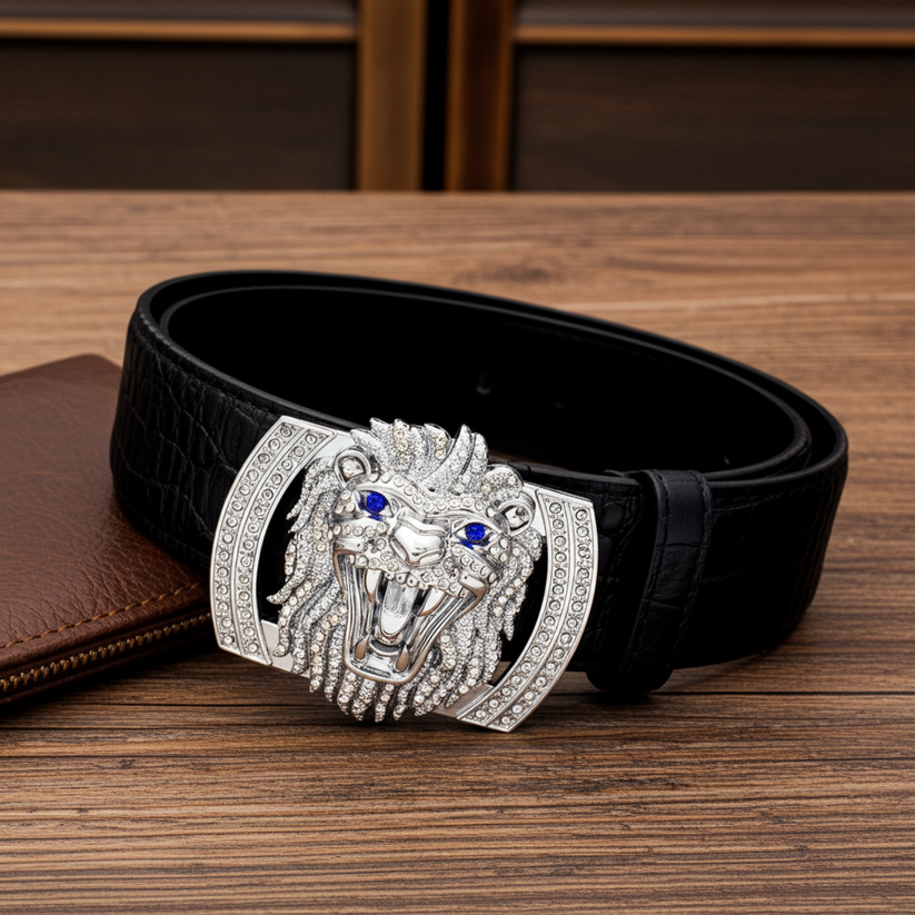 QHA Mens Designer Leather Belt Lion Diamond Buckle 38mm Wide - QHA UK