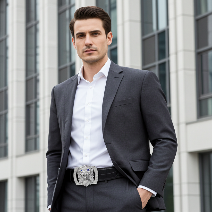 QHA Mens Designer Leather Belt Lion Diamond Buckle 38mm Wide - QHA UK