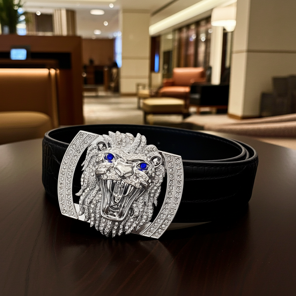 QHA Mens Designer Leather Belt Lion Diamond Buckle 38mm Wide - QHA UK