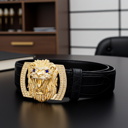 QHA Mens Designer Leather Belt Lion Diamond Buckle 38mm Wide - QHA UK