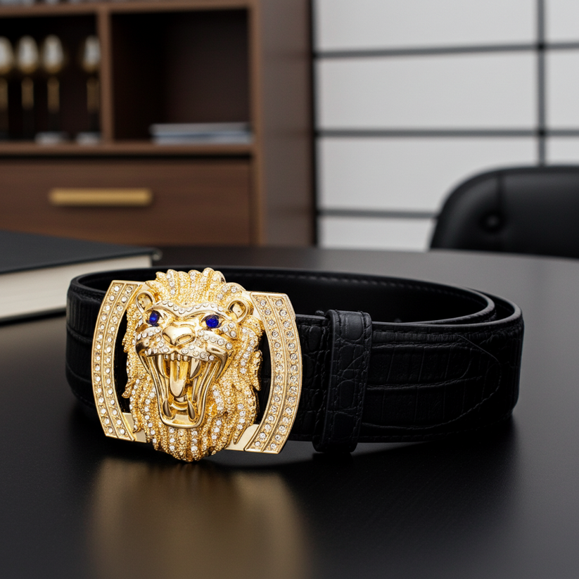QHA Mens Designer Leather Belt Lion Diamond Buckle 38mm Wide - QHA UK