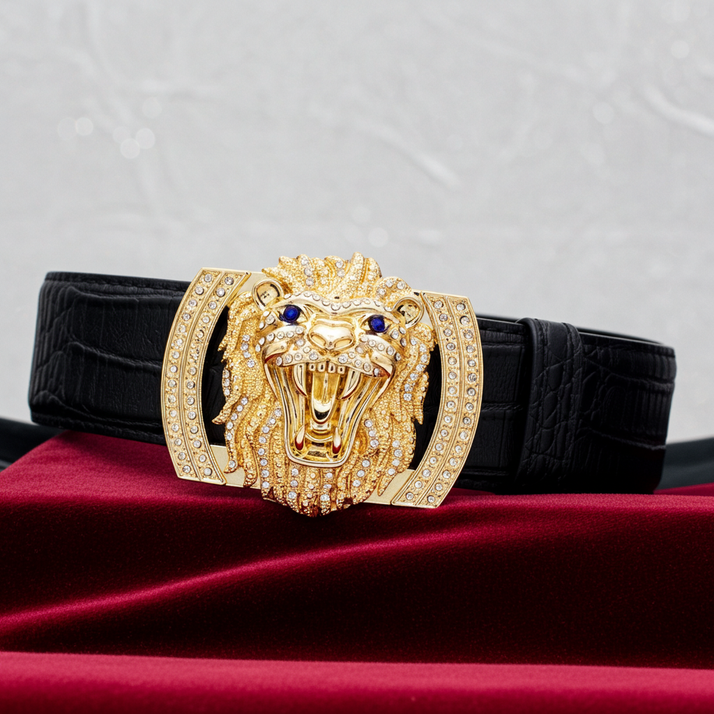 QHA Mens Designer Leather Belt Lion Diamond Buckle 38mm Wide - QHA UK