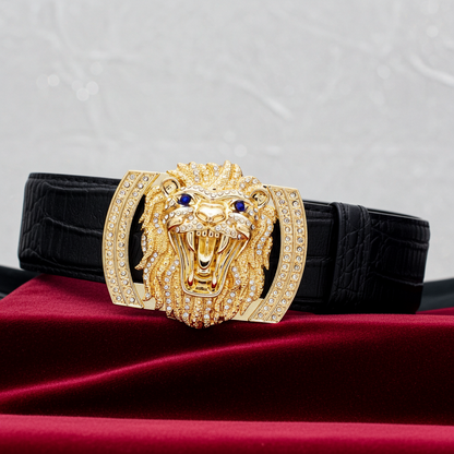 QHA Mens Designer Leather Belt Lion Diamond Buckle 38mm Wide - QHA UK