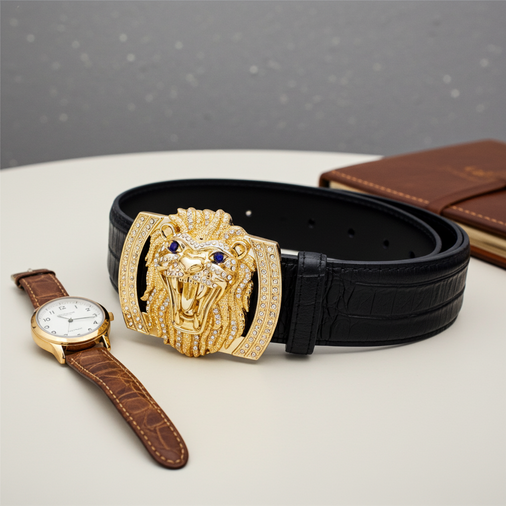 QHA Mens Designer Leather Belt Lion Diamond Buckle 38mm Wide - QHA UK
