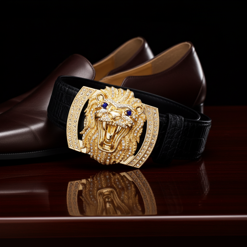 QHA Mens Designer Leather Belt Lion Diamond Buckle 38mm Wide - QHA UK