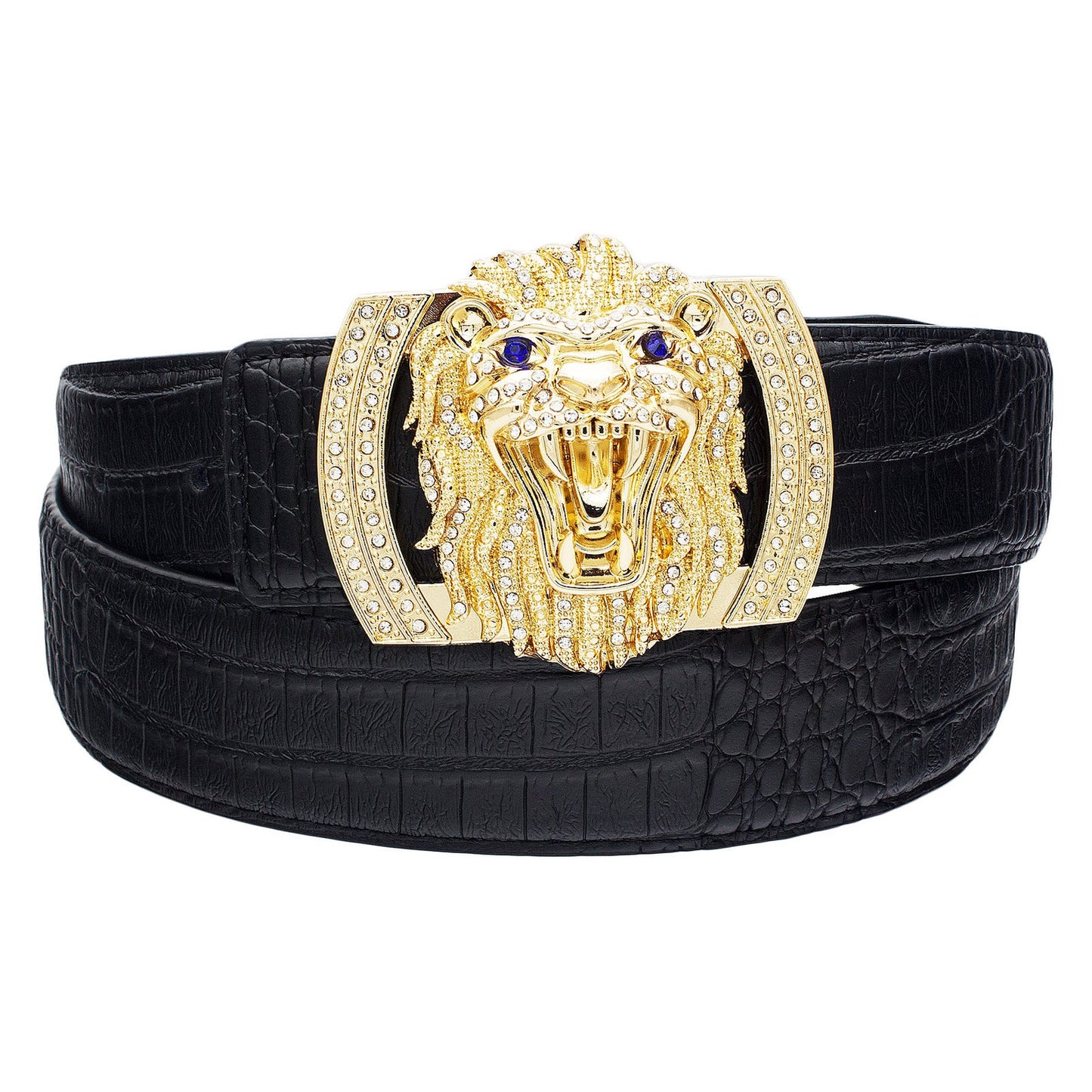 QHA Mens Designer Leather Belt Lion Diamond Buckle 38mm Wide - QHA UK