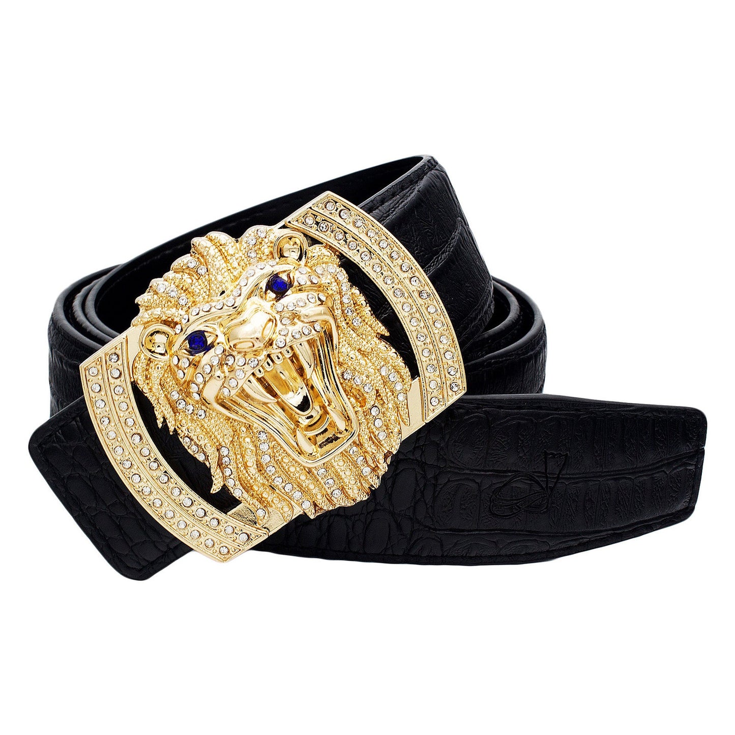 QHA Mens Designer Leather Belt Lion Diamond Buckle 38mm Wide - QHA UK