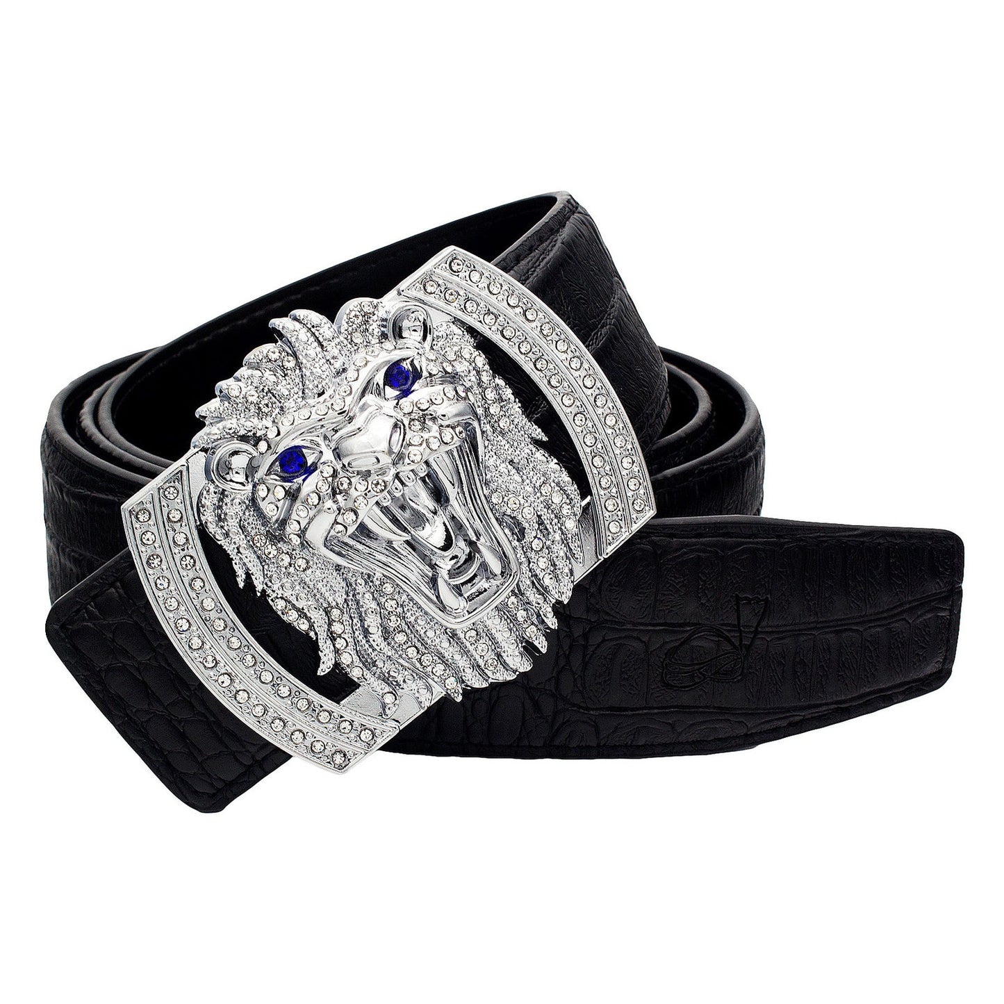 QHA Mens Designer Leather Belt Lion Diamond Buckle 38mm Wide - QHA UK