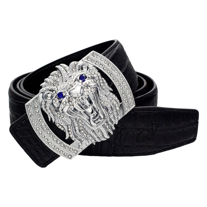 QHA Mens Designer Leather Belt Lion Diamond Buckle 38mm Wide - QHA UK
