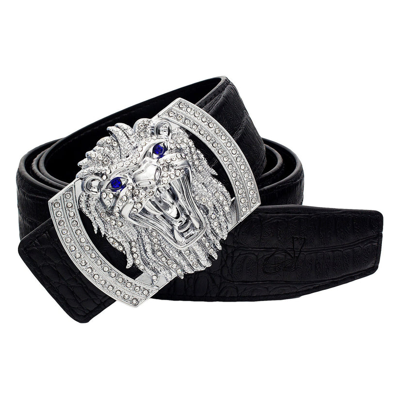 QHA Mens Designer Leather Belt Lion Diamond Buckle 38mm Wide - QHA UK