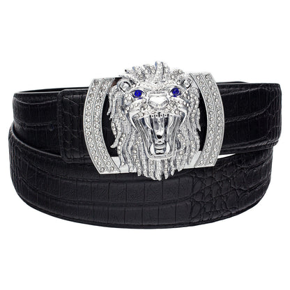 QHA Mens Designer Leather Belt Lion Diamond Buckle 38mm Wide - QHA UK