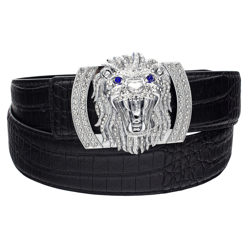 QHA Mens Designer Leather Belt Lion Diamond Buckle 38mm Wide - QHA UK